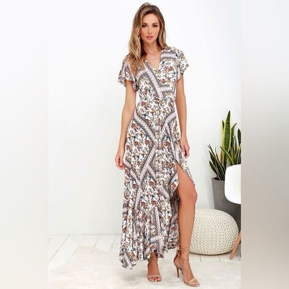 Lulus Playing Fleur Keeps Ivory Floral Bohemian Print Wrap Maxi Dress Sz. Small - Picture 8 of 16